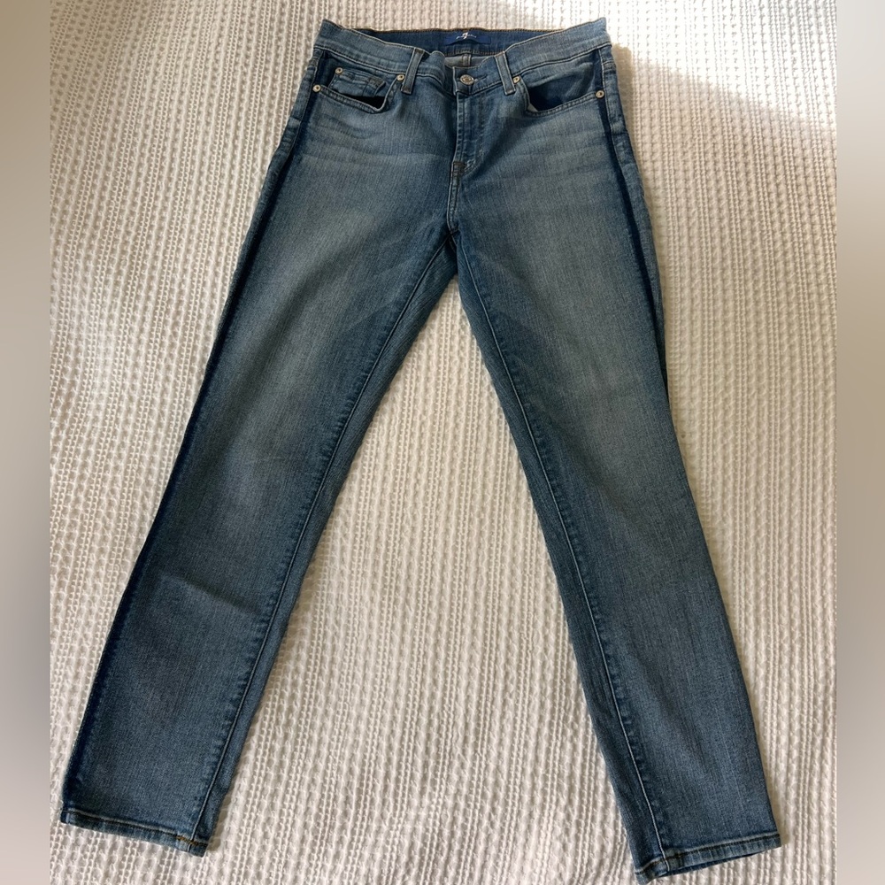 7 For All Mankind Women's Blue Skinny Jeans with Tuxedo Stripe - 26” inseam